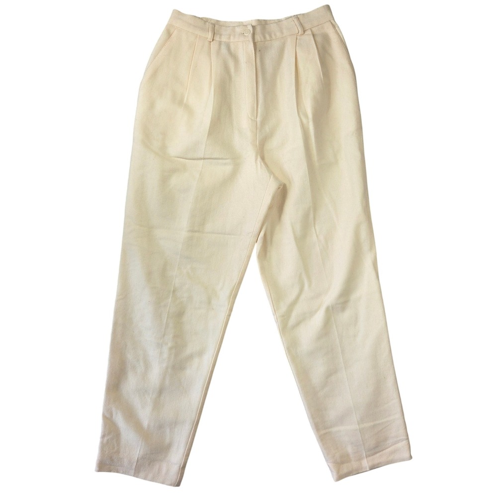 Worthington Vintage 100% Wool Pleated Trousers Cream High Waist Tapered Size 14